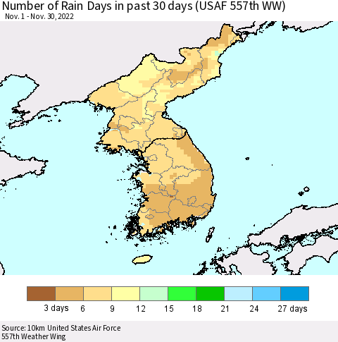 Korea Number of Rain Days in past 30 days (USAF 557th WW) 11/30/2022 Thematic Map For 11/26/2022 - 11/30/2022