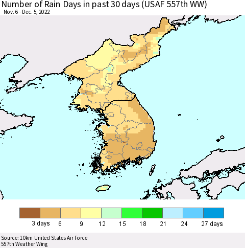 Korea Number of Rain Days in past 30 days (USAF 557th WW) 12/05/2022 Thematic Map For 12/1/2022 - 12/5/2022