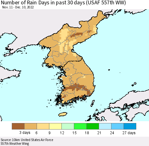 Korea Number of Rain Days in past 30 days (USAF 557th WW) 12/10/2022 Thematic Map For 12/6/2022 - 12/10/2022