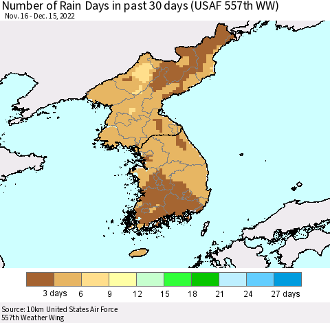 Korea Number of Rain Days in past 30 days (USAF 557th WW) 12/15/2022 Thematic Map For 12/11/2022 - 12/15/2022
