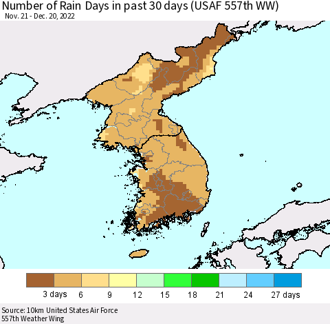 Korea Number of Rain Days in past 30 days (USAF 557th WW) 12/20/2022 Thematic Map For 12/16/2022 - 12/20/2022