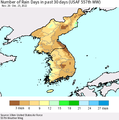 Korea Number of Rain Days in past 30 days (USAF 557th WW) 12/25/2022 Thematic Map For 12/21/2022 - 12/25/2022