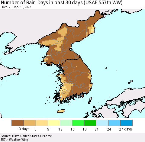 Korea Number of Rain Days in past 30 days (USAF 557th WW) 12/31/2022 Thematic Map For 12/26/2022 - 12/31/2022