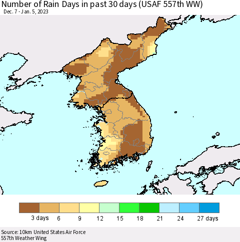 Korea Number of Rain Days in past 30 days (USAF 557th WW) 01/05/2023 Thematic Map For 1/1/2023 - 1/5/2023