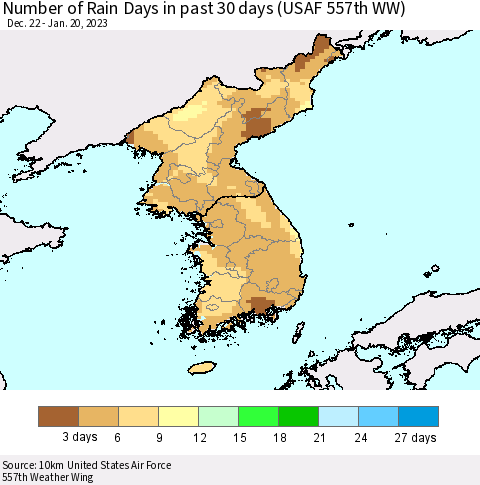 Korea Number of Rain Days in past 30 days (USAF 557th WW) 01/20/2023 Thematic Map For 1/16/2023 - 1/20/2023