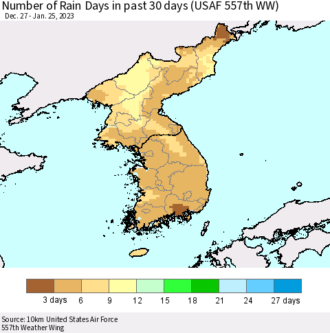 Korea Number of Rain Days in past 30 days (USAF 557th WW) 01/25/2023 Thematic Map For 1/21/2023 - 1/25/2023