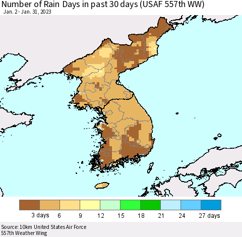 Korea Number of Rain Days in past 30 days (USAF 557th WW) 01/31/2023 Thematic Map For 1/26/2023 - 1/31/2023
