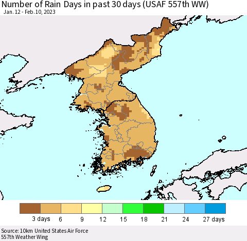 Korea Number of Rain Days in past 30 days (USAF 557th WW) 02/10/2023 Thematic Map For 2/6/2023 - 2/10/2023