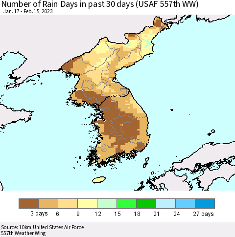 Korea Number of Rain Days in past 30 days (USAF 557th WW) 02/15/2023 Thematic Map For 2/11/2023 - 2/15/2023