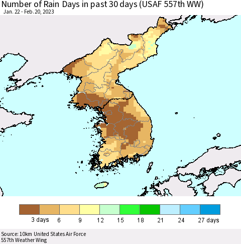Korea Number of Rain Days in past 30 days (USAF 557th WW) 02/20/2023 Thematic Map For 2/16/2023 - 2/20/2023