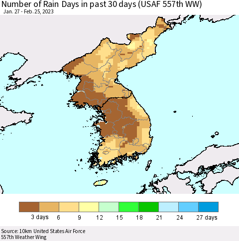 Korea Number of Rain Days in past 30 days (USAF 557th WW) 02/25/2023 Thematic Map For 2/21/2023 - 2/25/2023