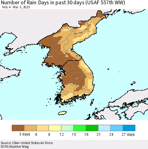 Korea Number of Rain Days in past 30 days (USAF 557th WW) 03/05/2023 Thematic Map For 3/1/2023 - 3/5/2023