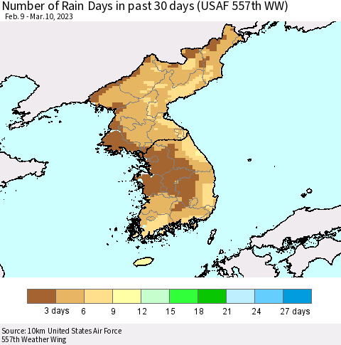 Korea Number of Rain Days in past 30 days (USAF 557th WW) 03/10/2023 Thematic Map For 3/6/2023 - 3/10/2023