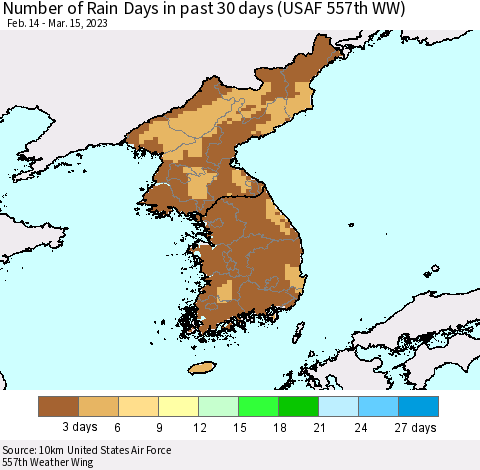 Korea Number of Rain Days in past 30 days (USAF 557th WW) 03/15/2023 Thematic Map For 3/11/2023 - 3/15/2023