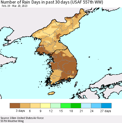 Korea Number of Rain Days in past 30 days (USAF 557th WW) 03/20/2023 Thematic Map For 3/16/2023 - 3/20/2023