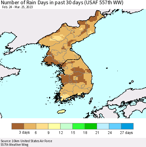 Korea Number of Rain Days in past 30 days (USAF 557th WW) 03/25/2023 Thematic Map For 3/21/2023 - 3/25/2023