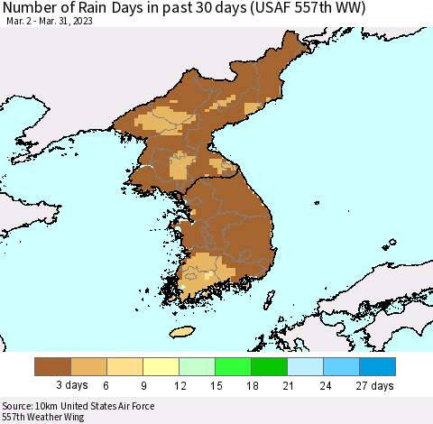 Korea Number of Rain Days in past 30 days (USAF 557th WW) 03/31/2023 Thematic Map For 3/26/2023 - 3/31/2023
