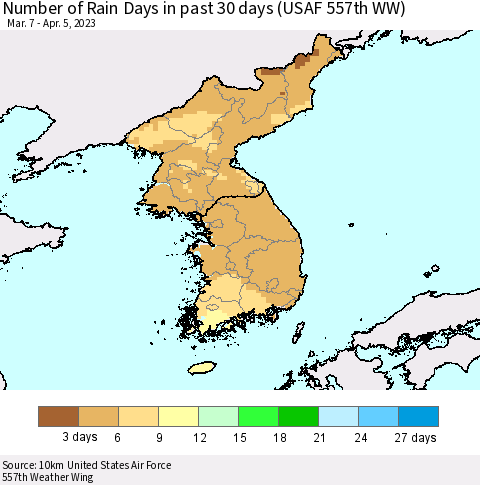 Korea Number of Rain Days in past 30 days (USAF 557th WW) 04/05/2023 Thematic Map For 4/1/2023 - 4/5/2023