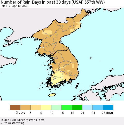 Korea Number of Rain Days in past 30 days (USAF 557th WW) 04/10/2023 Thematic Map For 4/6/2023 - 4/10/2023