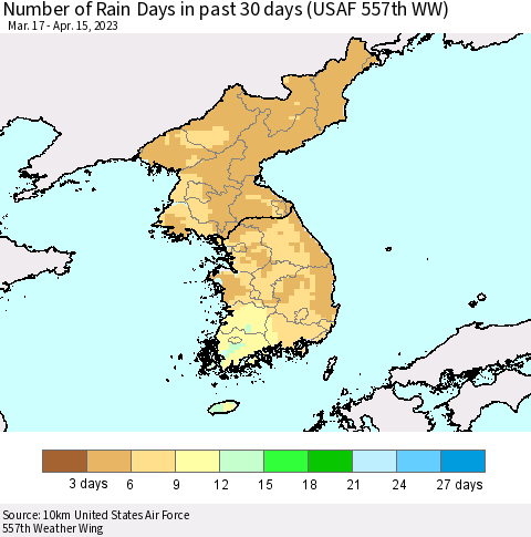 Korea Number of Rain Days in past 30 days (USAF 557th WW) 04/15/2023 Thematic Map For 4/11/2023 - 4/15/2023