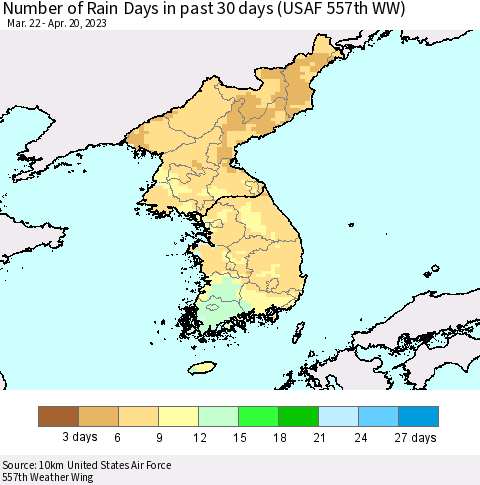 Korea Number of Rain Days in past 30 days (USAF 557th WW) 04/20/2023 Thematic Map For 4/16/2023 - 4/20/2023