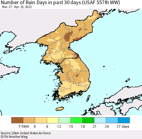 Korea Number of Rain Days in past 30 days (USAF 557th WW) 04/25/2023 Thematic Map For 4/21/2023 - 4/25/2023