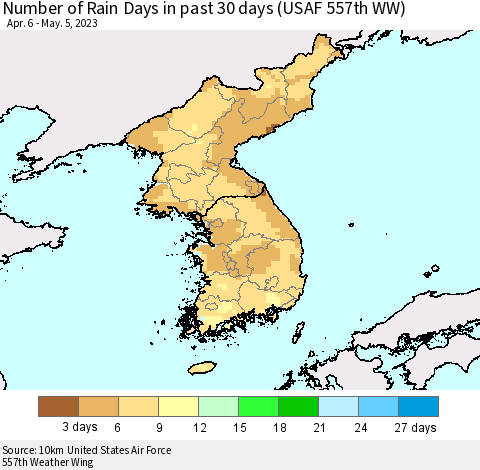 Korea Number of Rain Days in past 30 days (USAF 557th WW) 05/05/2023 Thematic Map For 5/1/2023 - 5/5/2023