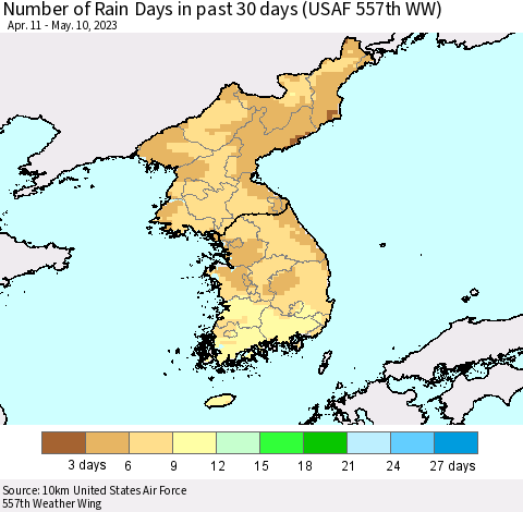Korea Number of Rain Days in past 30 days (USAF 557th WW) 05/10/2023 Thematic Map For 5/6/2023 - 5/10/2023