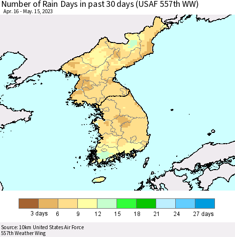 Korea Number of Rain Days in past 30 days (USAF 557th WW) 05/15/2023 Thematic Map For 5/11/2023 - 5/15/2023