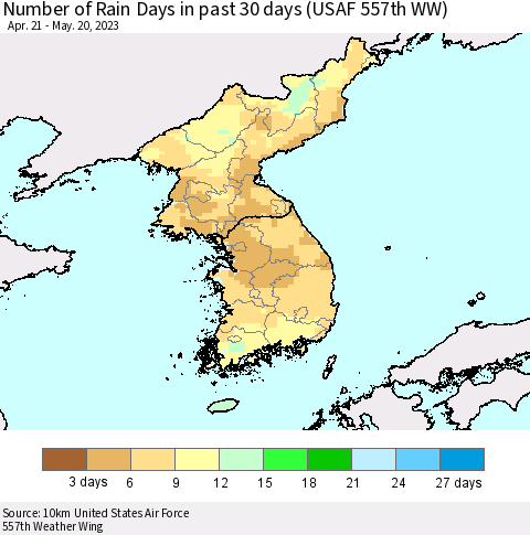 Korea Number of Rain Days in past 30 days (USAF 557th WW) 05/20/2023 Thematic Map For 5/16/2023 - 5/20/2023