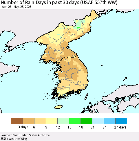 Korea Number of Rain Days in past 30 days (USAF 557th WW) 05/25/2023 Thematic Map For 5/21/2023 - 5/25/2023