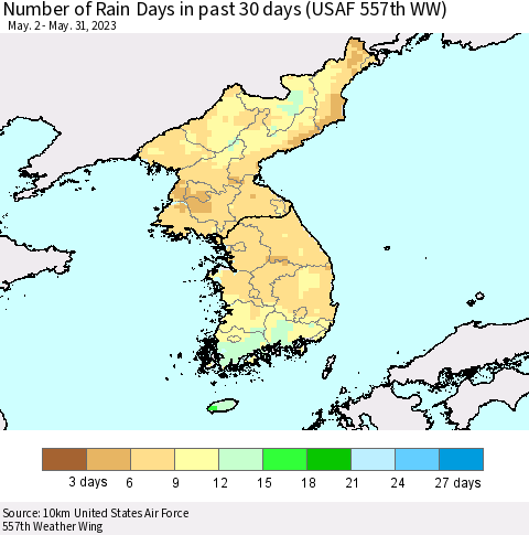 Korea Number of Rain Days in past 30 days (USAF 557th WW) 05/31/2023 Thematic Map For 5/26/2023 - 5/31/2023