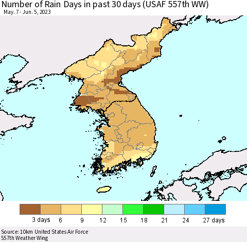 Korea Number of Rain Days in past 30 days (USAF 557th WW) 06/05/2023 Thematic Map For 6/1/2023 - 6/5/2023