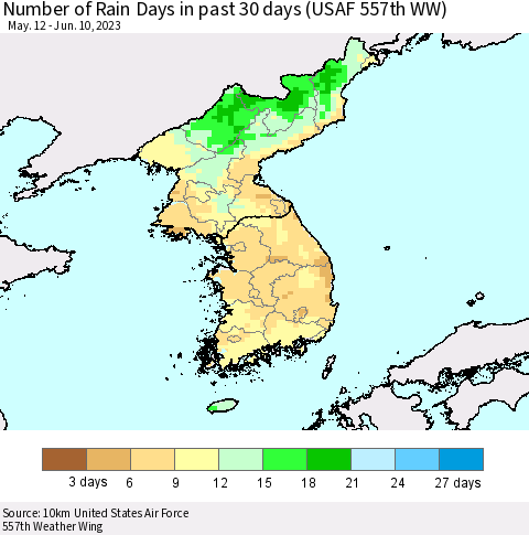 Korea Number of Rain Days in past 30 days (USAF 557th WW) 06/10/2023 Thematic Map For 6/6/2023 - 6/10/2023