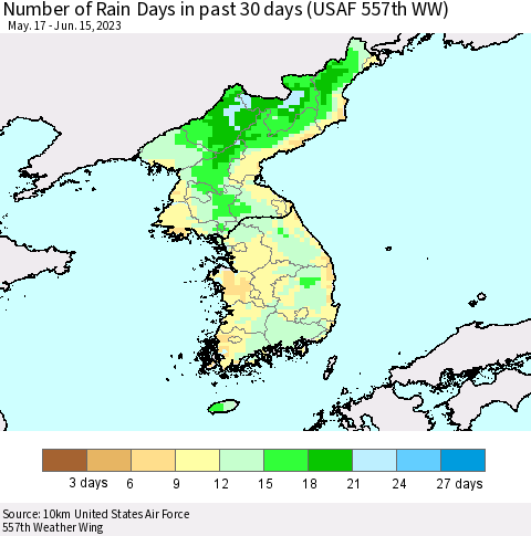 Korea Number of Rain Days in past 30 days (USAF 557th WW) 06/15/2023 Thematic Map For 6/11/2023 - 6/15/2023