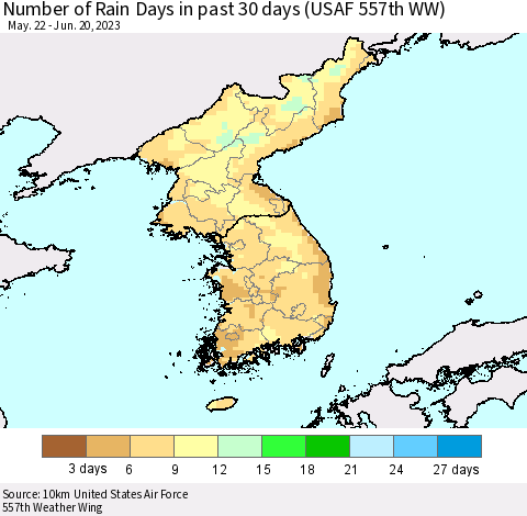 Korea Number of Rain Days in past 30 days (USAF 557th WW) 06/20/2023 Thematic Map For 6/16/2023 - 6/20/2023