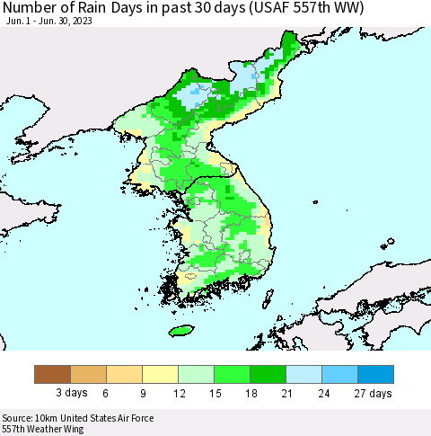 Korea Number of Rain Days in past 30 days (USAF 557th WW) 06/30/2023 Thematic Map For 6/26/2023 - 6/30/2023