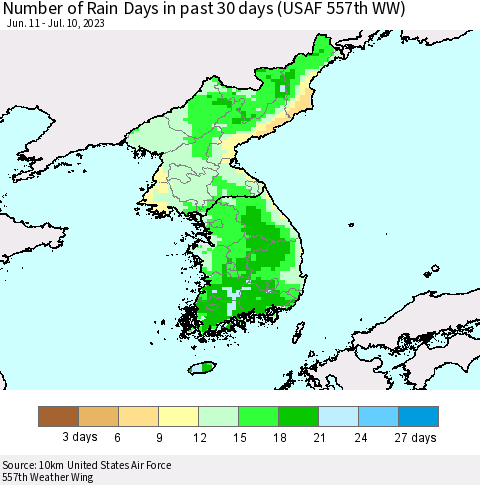 Korea Number of Rain Days in past 30 days (USAF 557th WW) 07/10/2023 Thematic Map For 7/6/2023 - 7/10/2023