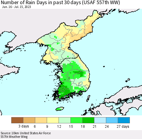 Korea Number of Rain Days in past 30 days (USAF 557th WW) 07/15/2023 Thematic Map For 7/11/2023 - 7/15/2023