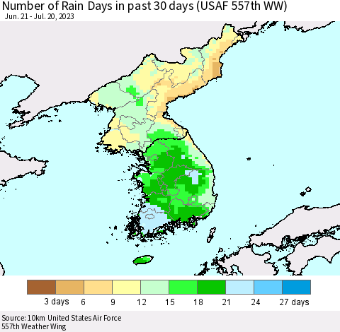 Korea Number of Rain Days in past 30 days (USAF 557th WW) 07/20/2023 Thematic Map For 7/16/2023 - 7/20/2023
