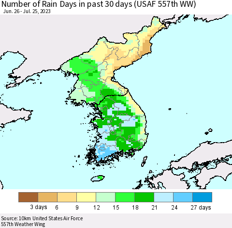 Korea Number of Rain Days in past 30 days (USAF 557th WW) 07/25/2023 Thematic Map For 7/21/2023 - 7/25/2023