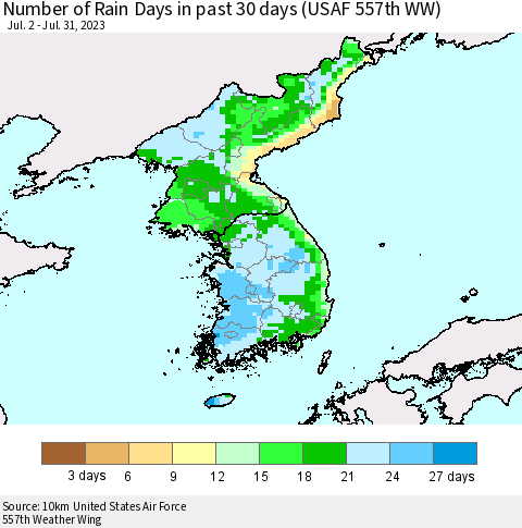 Korea Number of Rain Days in past 30 days (USAF 557th WW) 07/31/2023 Thematic Map For 7/26/2023 - 7/31/2023