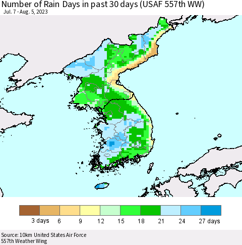 Korea Number of Rain Days in past 30 days (USAF 557th WW) 08/05/2023 Thematic Map For 8/1/2023 - 8/5/2023