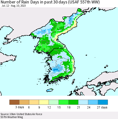 Korea Number of Rain Days in past 30 days (USAF 557th WW) 08/10/2023 Thematic Map For 8/6/2023 - 8/10/2023
