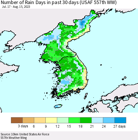 Korea Number of Rain Days in past 30 days (USAF 557th WW) 08/15/2023 Thematic Map For 8/11/2023 - 8/15/2023