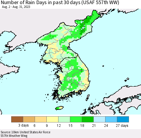 Korea Number of Rain Days in past 30 days (USAF 557th WW) 08/31/2023 Thematic Map For 8/26/2023 - 8/31/2023