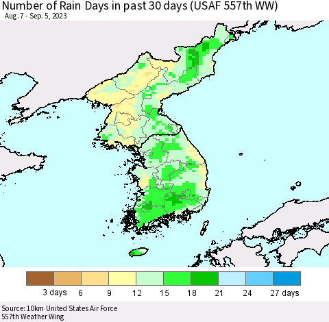 Korea Number of Rain Days in past 30 days (USAF 557th WW) 09/05/2023 Thematic Map For 9/1/2023 - 9/5/2023