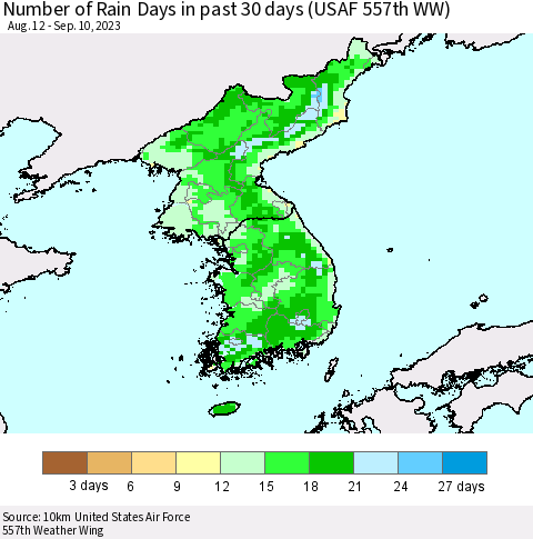Korea Number of Rain Days in past 30 days (USAF 557th WW) 09/10/2023 Thematic Map For 9/6/2023 - 9/10/2023