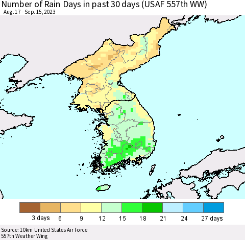 Korea Number of Rain Days in past 30 days (USAF 557th WW) 09/15/2023 Thematic Map For 9/11/2023 - 9/15/2023
