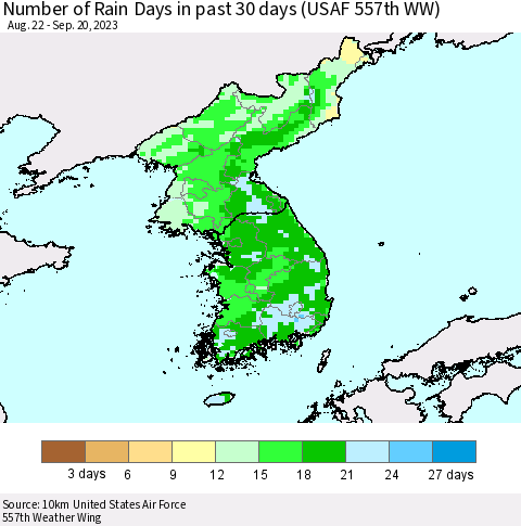 Korea Number of Rain Days in past 30 days (USAF 557th WW) 09/20/2023 Thematic Map For 9/16/2023 - 9/20/2023